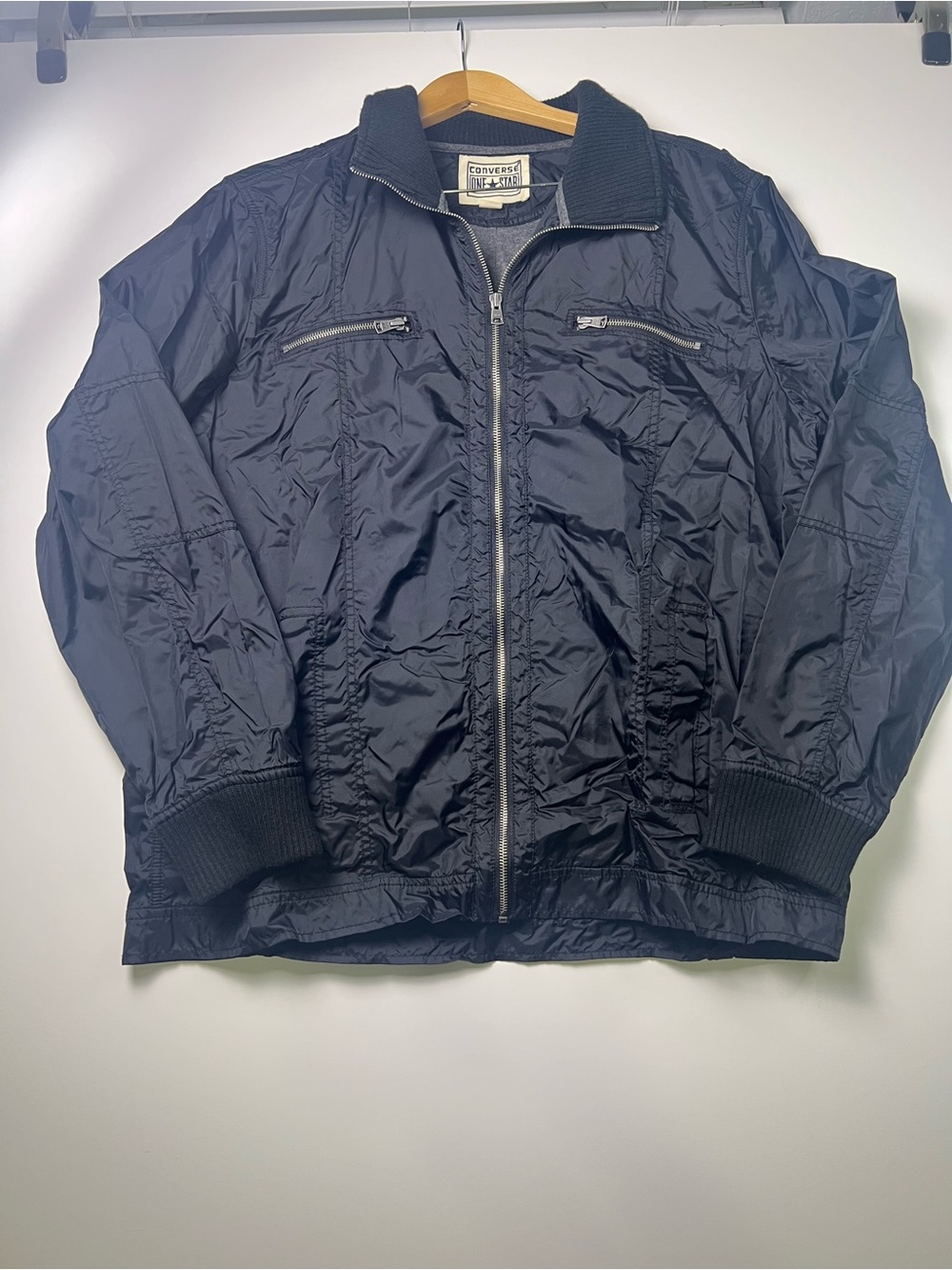 Converse Men's Black Windbreaker Jacket with Ribbed Trim Utility Gorpcore